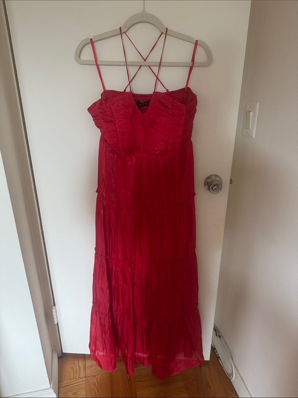 Sleeveless Red Tiered Maxi Dress with Crisscross Back